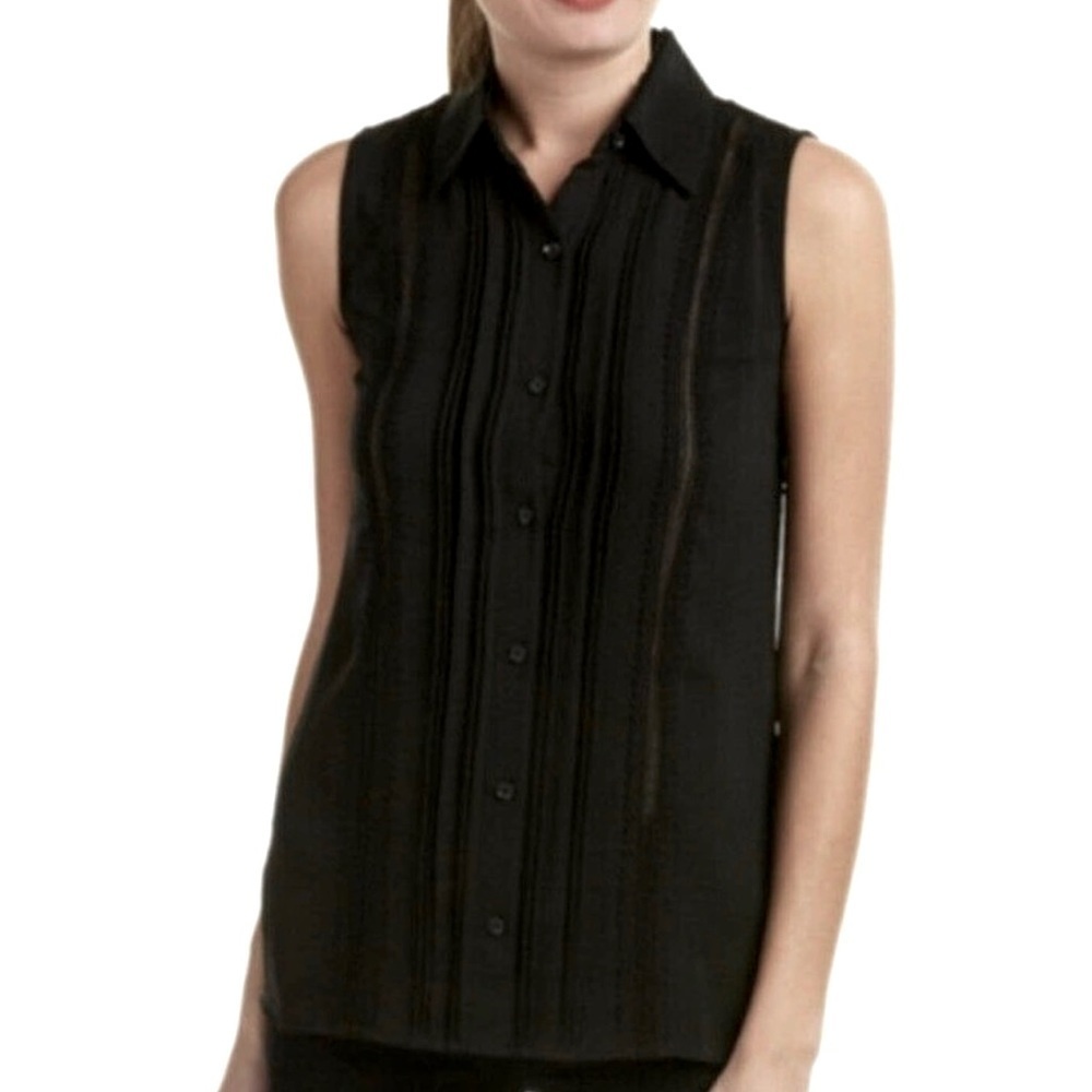 CAbi Black Button Up Sleeveless Jagger Blouse with Crochet/Lace Inserts Size XS